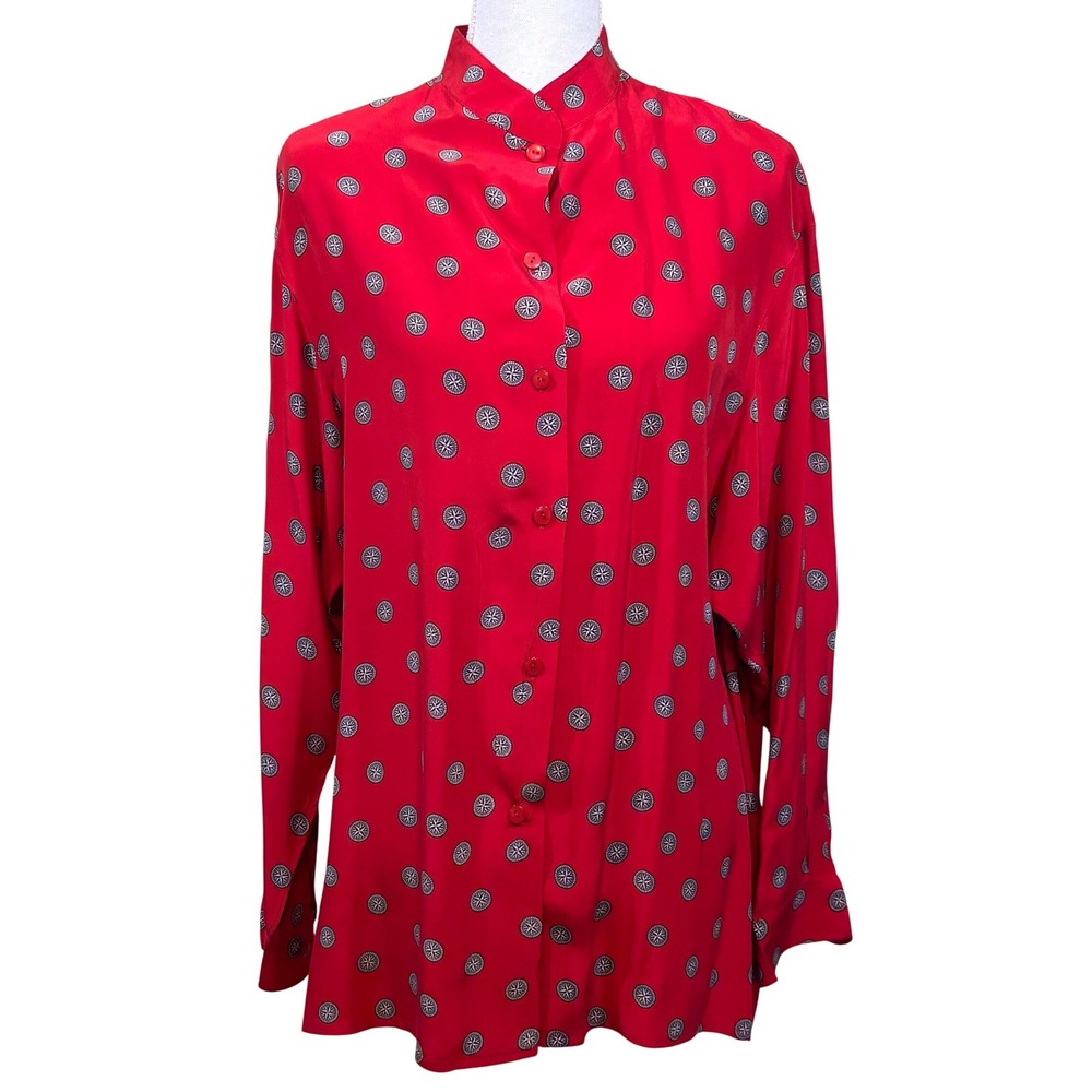 First Issue Red Silk Compass Print Top, vintage, statement, classic, elegant